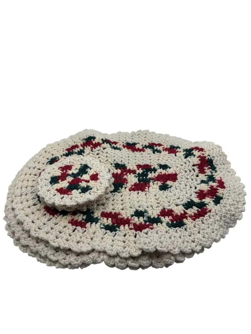 Handmade Crochet  Placemat Set With Coasters Set of 4 each Red Green Cream